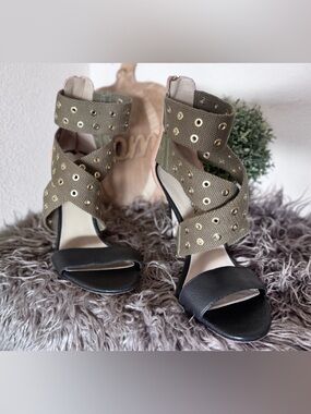 Via Spiga Olive and Black Eyelet Wrap-Heel Sandals